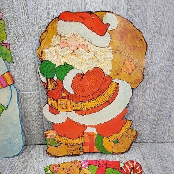Vintage Christmas Diecut 2 Sided Wall Window Snowman Angel Santa Stocking 4pc - Picture 4 of 11